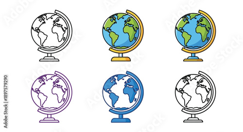 Six globe models showing earth geography in color.
