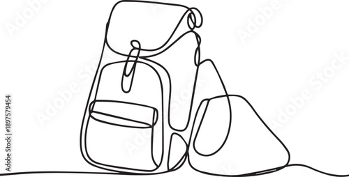 Continuous line drawing of a backpack, bag, and pouch on a surface from a side view.