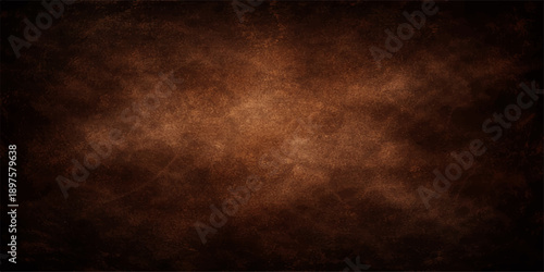 A dark grunge background with a dirty aged texture features a rough vintage paper pattern on an old brown antique wall surface for a dark grungy parchment material backdrop