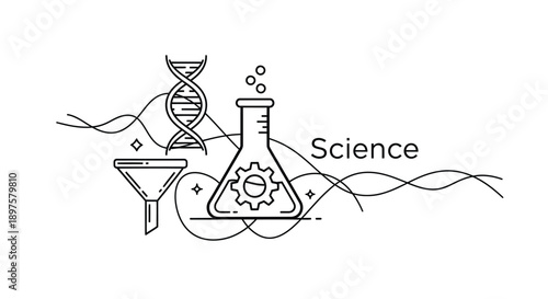 Science laboratory equipment and a DNA helix are illustrated.
