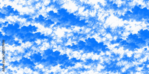 A beautiful blue abstract background of clear water under a summer sky with fluffy white clouds and bright sunlight shining through the atmosphere