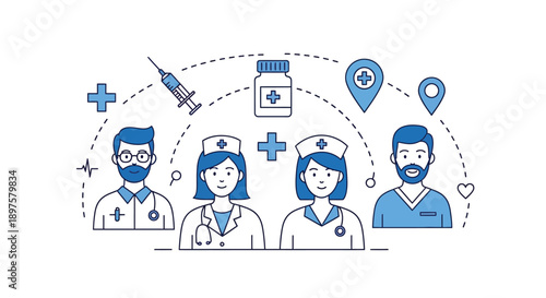 Medical staff icons show care network support elements.