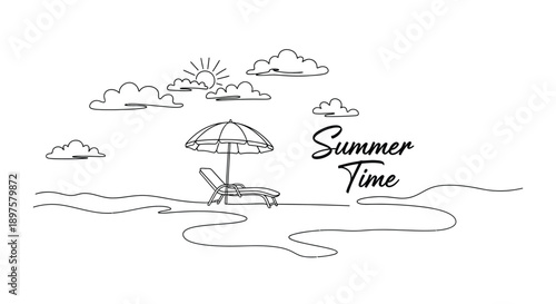 A beach chair rests under an umbrella on the sand near the water.