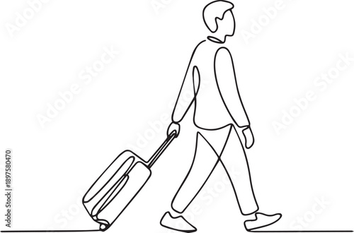 Man walking with luggage in a continuous line drawing on a white background