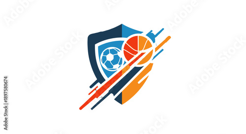 Dynamic Sports Logo with Shield and Ball Elements.