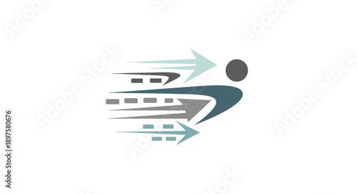 Stylized person running with motion arrows and train.