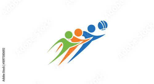 Three people playing volleyball together in a dynamic pose.