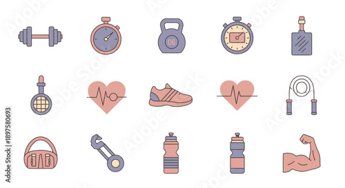 Fitness and exercise icons set with various sports equipment and health symbols.
