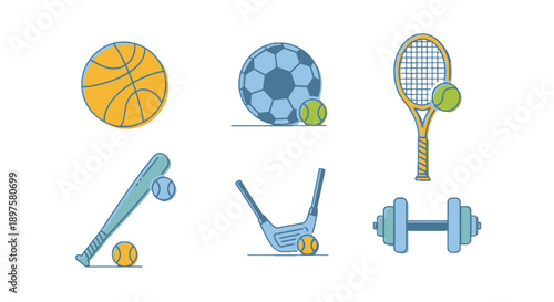Assorted sports equipment icons including basketball, soccer ball, tennis racket, baseball bat, golf club, and dumbbells.