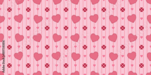 Pink heart and floral seamless pattern arranged on soft vertical stripes. Wrapping paper, decoration wedding background