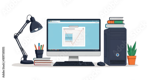 Modern home office desk setup with computer monitor, lamp, and organized accessories.