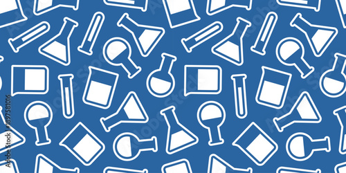 科学の実験器具のアイコンのシームレス背景画像。（Seamless background image of science lab equipment icons.）
