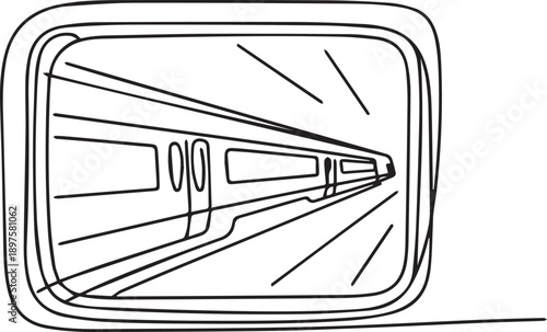 High-speed train viewed through rear window, traveling through landscape