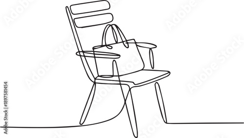 A minimalist line drawing of a chair with a bag on it in a simple setting from a side viewpoint