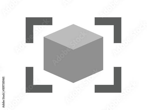 Three dimensional isometric cube inside scanning frame representing focus and spatial recognition technology