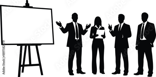 Black silhouettes of professional business people standing next to a blank white presentation easel for corporate training meetings and office seminars