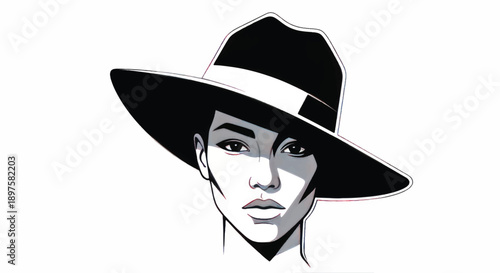 Stylized black and white portrait of a woman wearing a wide brim hat, capturing dramatic minimalist lineart.