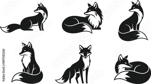 Elegant Fox Silhouette Vector Collection Featuring Sitting Lying and Standing Poses for Woodland Nature Wildlife Forest Animal Logo and Rustic Branding
