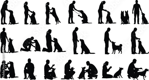 Large collection of black silhouettes featuring men and women training and interacting with various dogs isolated on white background for pet care