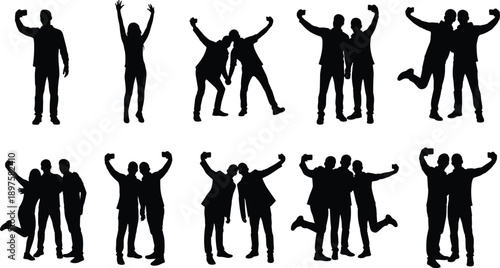 Large collection of black silhouettes featuring people taking selfies alone and in groups with smartphones isolated on white background for social media