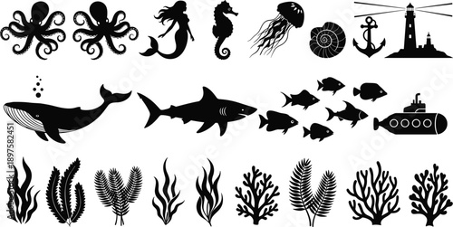 Large collection of black underwater silhouettes featuring whale shark mermaid octopus and coral reef elements isolated on white background for ocean nature design