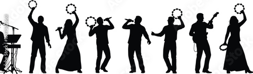 Silhouette of diverse musical band with singers guitar player and tamborines performing live music concert or church worship service on white background