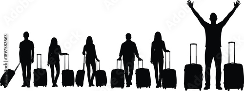 Silhouette of diverse people traveling with suitcases and luggage representing group travel vacation tourism immigration and joyful arrival at airport terminal