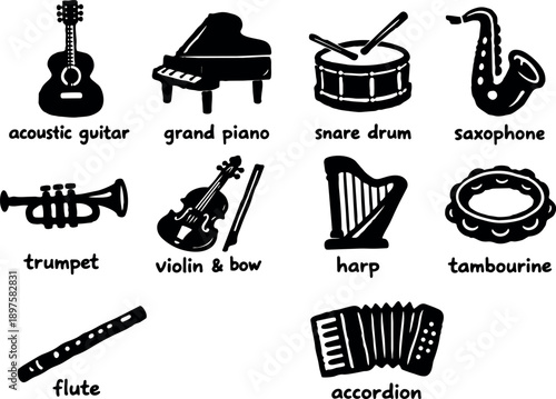 Simple black and white flat design icons set of classic musical instruments with handwritten labels in vector art style