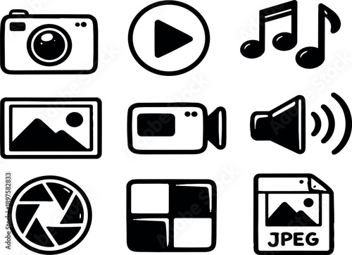 Hand drawn black multimedia icons including camera play button music notes photo video speaker aperture collage jpeg file vector art