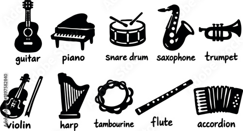 Hand drawn black silhouette set of musical instruments including guitar piano snare drum saxophone trumpet violin harp tambourine flute accordion