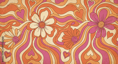Retro 70s style groovy heart and flower seamless pattern