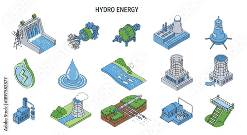 Icons Set for Hydroelectric Power Generation and Sustainable Water Energy Systems