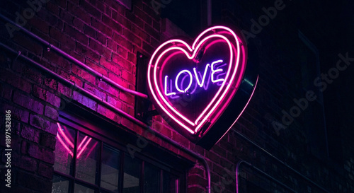 Glowing pink neon heart sign on dark brick wall background