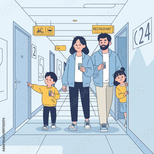 A Cheerful Family Explores A Hotel Hallway With Modern Amenities