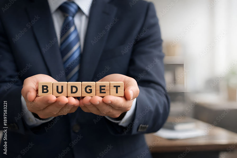 Obraz premium Budget Management: Man Holding Wooden Blocks Spelling Budget
