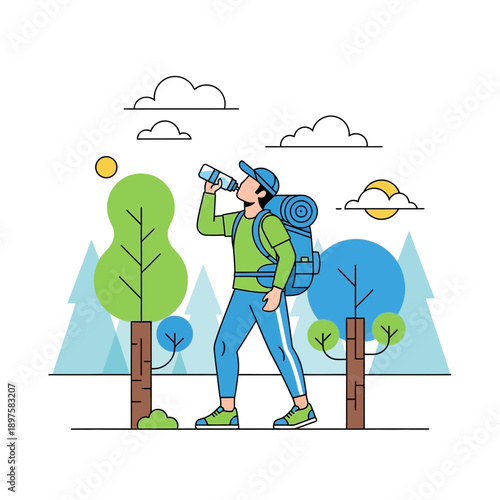 Adventure Seeker Quenches Thirst Amidst Verdant Wilderness Scenic Hike