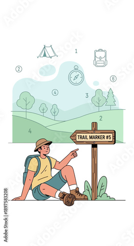 Adventure Seeker Points Towards Scenic Trail Marker Encouraging Exploration