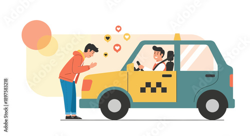 A Passenger Expresses Gratitude To A Friendly Taxi Driver With Hearts Floating