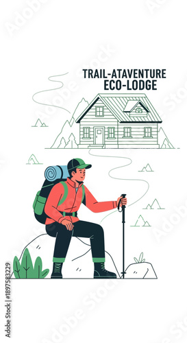 Adventure Seeker Reaching Eco Lodge On Mountain Trail