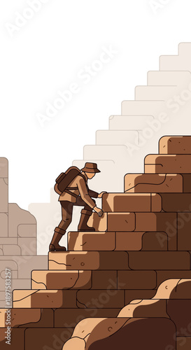 Adventurer Ascends Ancient Stone Steps Seeking Hidden Discoveries