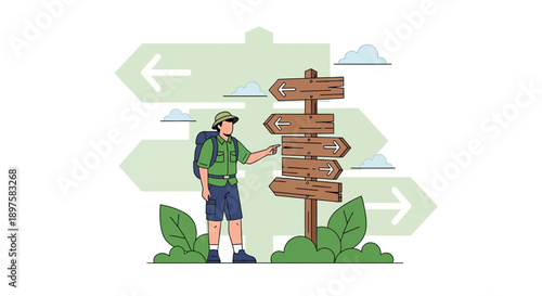 Adventurer At Crossroad Signpost Decision Making Journey