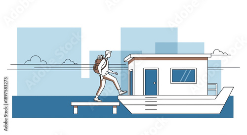 Adventurer Boarding A Houseboat For A Journey Across Water