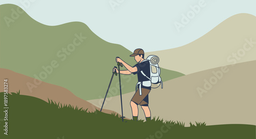 Adventurer Ascends Mountain Trails With Trekking Poles And Backpack