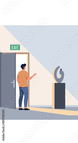 A Person Stands Near An Exit Sign Looking At A Modern Sculpture