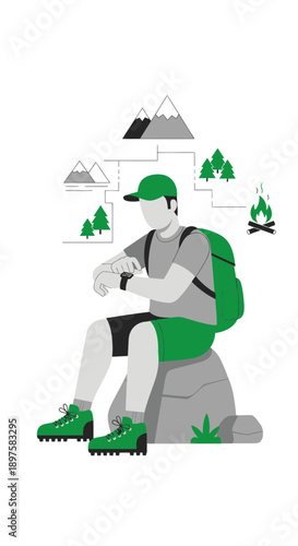 Adventurer Checks Smartwatch Planning Mountain Trail Expedition With Nature Icons