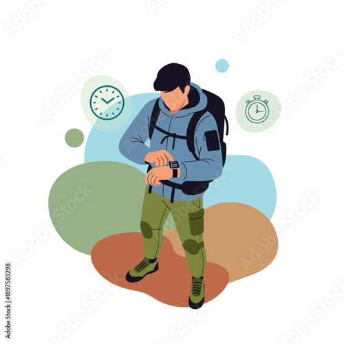 Adventurer Checks Time On Smartwatch During Outdoor Expedition