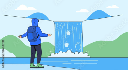 Adventurer Embraces Majestic Waterfall Vista