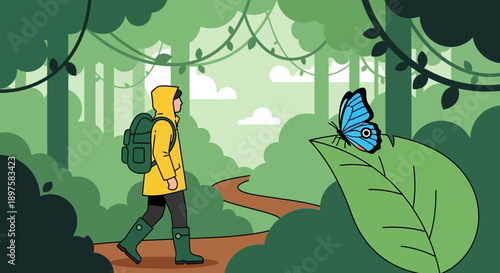 Adventurer Encounters Vibrant Butterfly Amidst Lush Forest Canopy