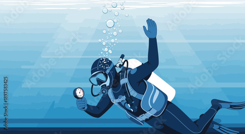 A Solo Diver Explores Deep Ocean Waters With Gauge