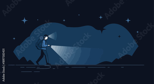 Adventurer Exploring Dark Cave With Headlamp And Flashlight